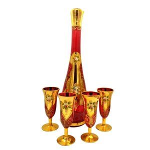 Vintage Ruby Red Bohemian 24K Filigree Wine Decanter & Glass Set